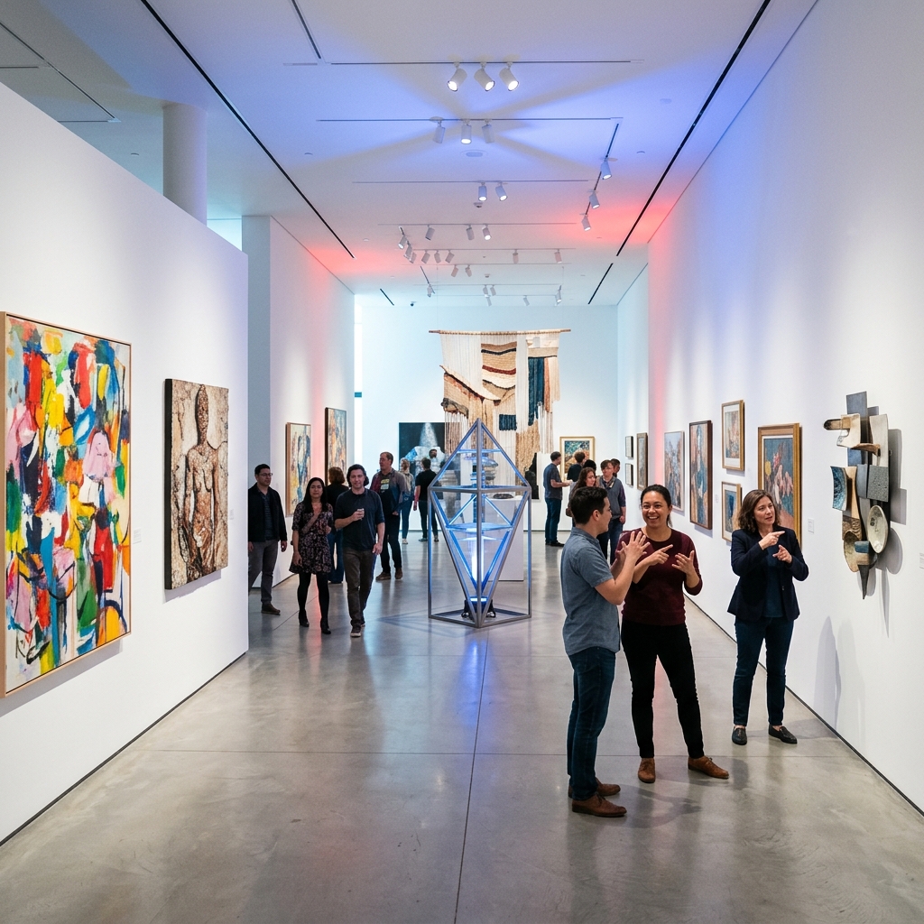 Visitantes apreciando obras na exposição de arte surda
