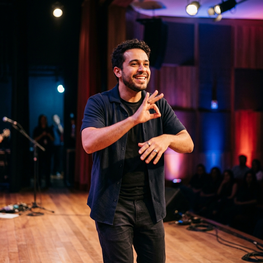 Artista surda realizando performance de poesia em Libras no palco