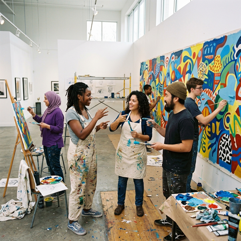 Oficina de artes visuais com artistas surdos colaborando em um mural