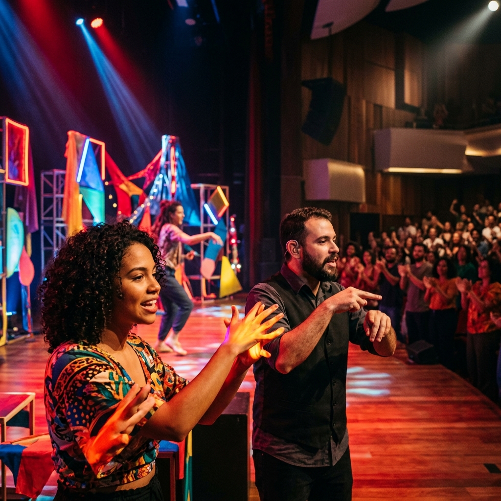 Artistas surdos se apresentando no palco do Festival Mineiro de Arte Surda